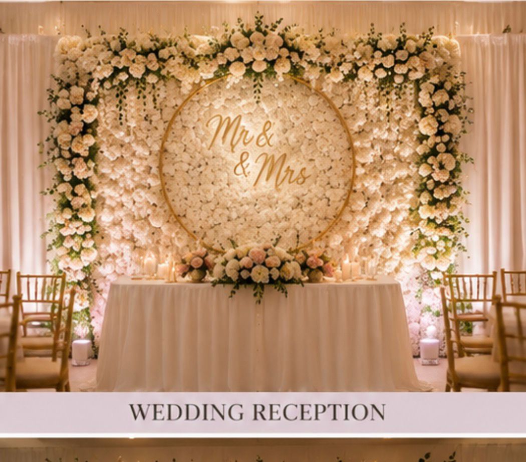 Mr & Mrs flower wall wedding reception backdrop
