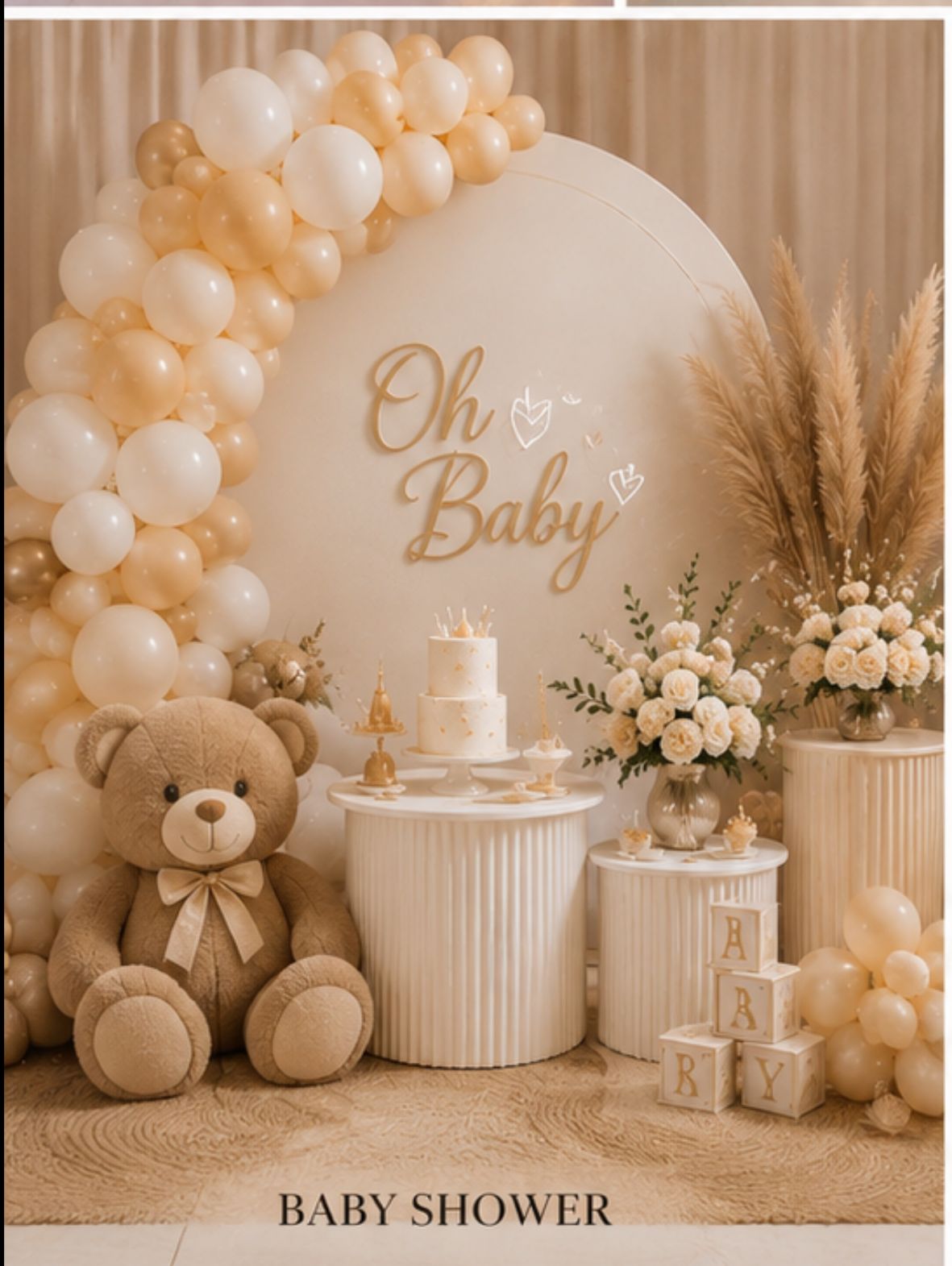 "Oh Baby" balloon arch with dessert table