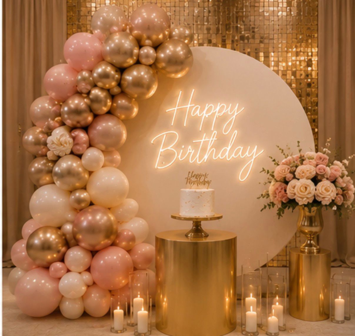 Rose gold Happy Birthday neon backdrop