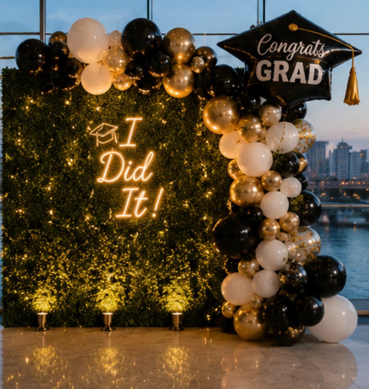 "I Did It!" graduation greenery wall