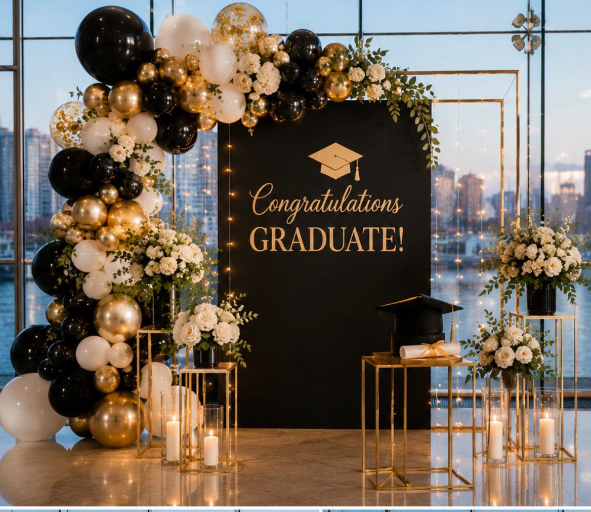 Congratulations Graduate black & gold backdrop