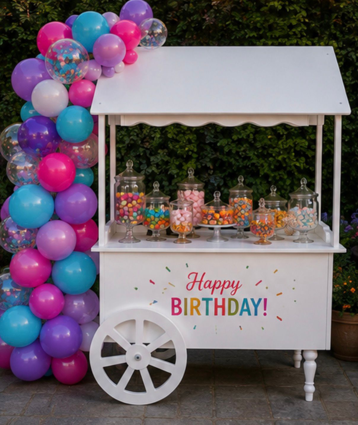 Rainbow candy cart with balloon garland