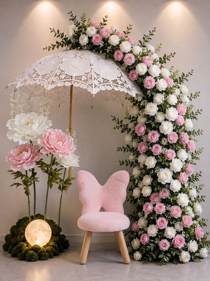 Rose arch, lace umbrella & butterfly chair photo setup