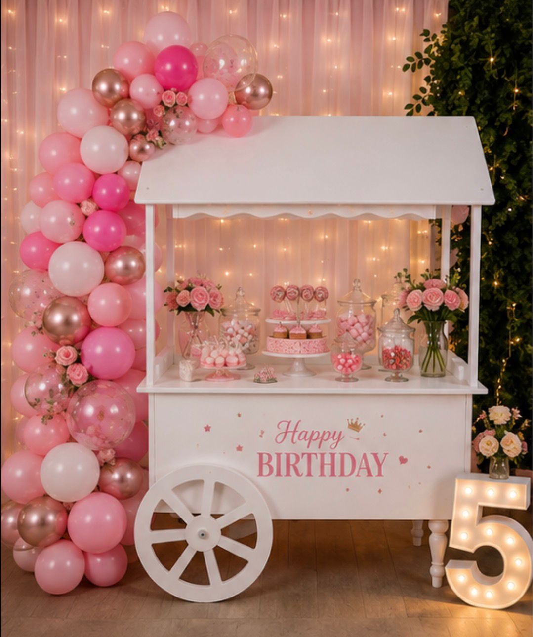 Pink candy cart with #5 birthday balloon garland